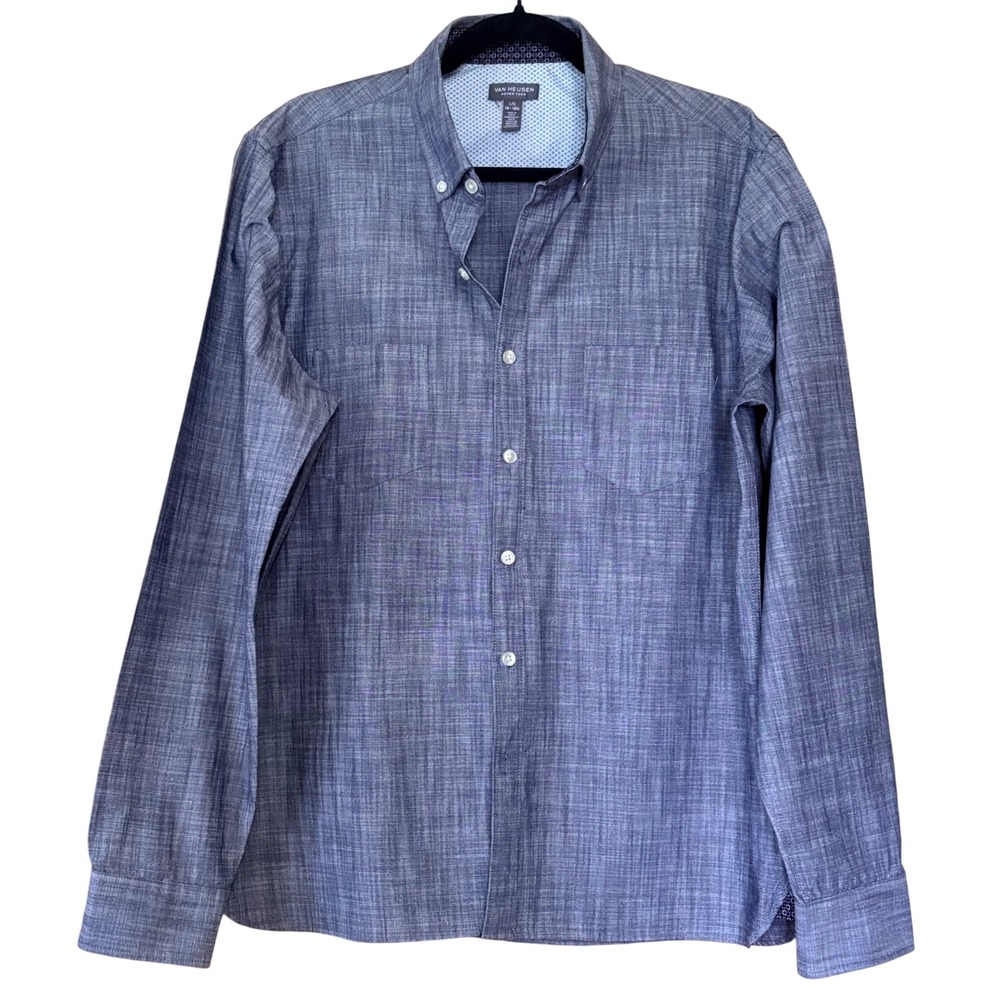 Van Heusen Never Tuck Mens L/G Button Down Long Sleeve Shirt Blue‎  Casual Work